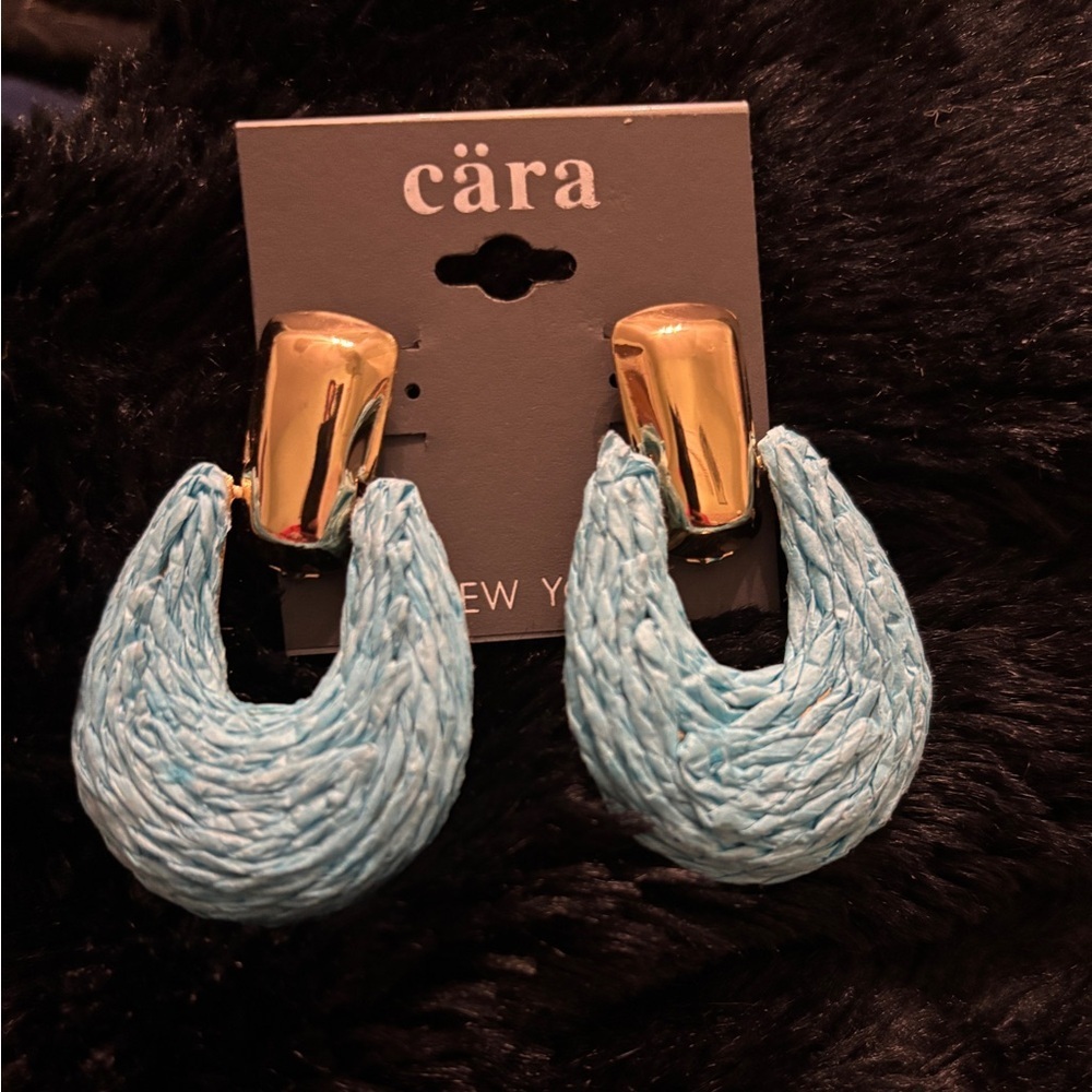 Cara NY Blue Raffia Woven Teardrop Earrings Gold Tone - Picture 1 of 2